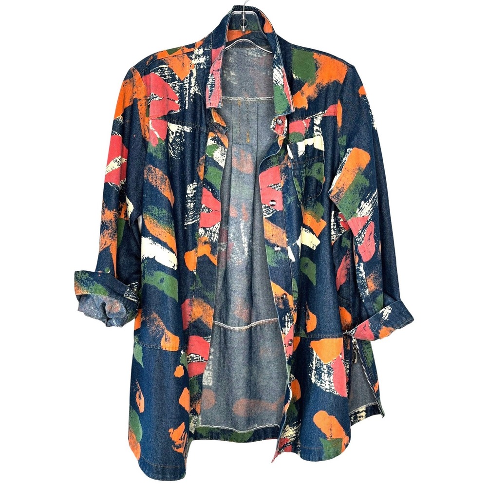 Zi Xuan Abstract Lip Print Denim Shirt Jacket Blue Orange Green Womens S-M